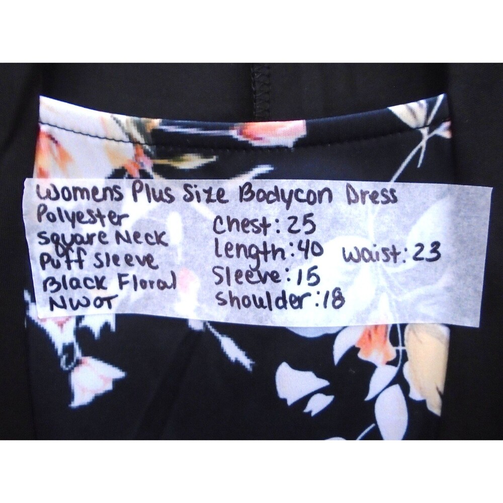 Black Midi Bodycon Fitted Dress 90s Black Flower Print Womens Plus Size 4XL - Picture 4 of 7
